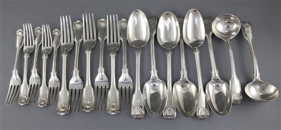 A William IV and later fiddle, thread and shell pattern silver part service of flatware, London, Mary Chawner, 55.5 oz